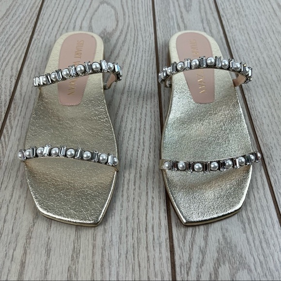 Stuart Weitzman Aleena Shine Pearl & Gem Embellished Flat Sandals 9 Platino $450 - Picture 2 of 11